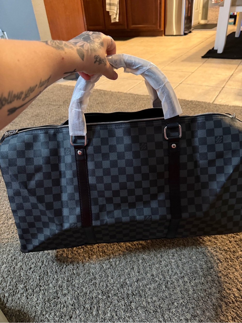 Classic Checkered Travel Duffle Bag - Black